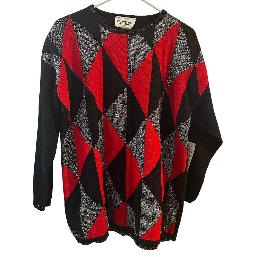 Carly Blake Vintage 90s Argyle Knit Sweater Women Black Red‎ Sparkle 1X